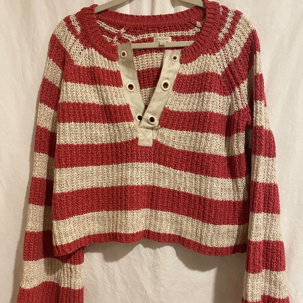 Pilcro Womens Bell Sleeve Henley Sweater Red Beige Stripes Cropped